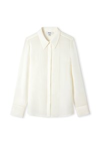 Cremfarbene Longsleeve-Bluse mit kragenförmigem Ausschnitt und vertikalen Falten auf der Vorderseite. Mit geknöpften Manschetten und glatter Textur.