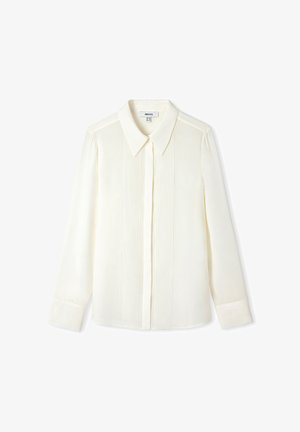 Cream-colored long-sleeve blouse with a collared neckline and vertical pleats down the front. Features buttoned cuffs and smooth texture.