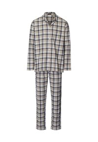 Beige, tummansininen ja valkoinen ruudullinen pyjamapuku. Pitkät hihat, koska kaulus, nappikiinnitys ja vastaavat housut joustavalla vyötäröllä. Puuvillakangasta.