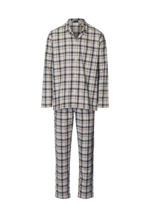 Kostkovaná pyžamová sada v béžové, námořnické modři a bílé barvě. Halenka s dlouhým rukávem, límečkem, zapínáním na knoflíky a odpovídající kalhoty s elastickým pasem. Bavlněný materiál.
