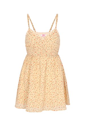 Rochie de vară fără mâneci, galben deschis, cu bretele subțiri și imprimeu floral mic în roșu și verde, talie adunată și fustă evazată.