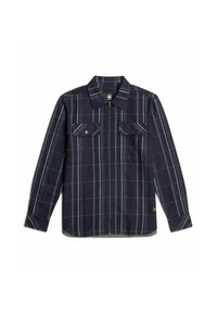 Navyblauw geruit overhemd met lange mouwen, rits vooraan, twee borstzakken en groene accenten in het patroon. Gemaakt van gestructureerde stof.