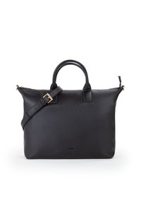 Borsa tote in pelle nera con superficie texturizzata, doppio manico superiore e tracolla rimovibile con dettagli in metallo dorato.