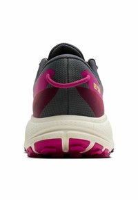 Gray running shoe with pink accents, textured fabric upper, rounded heel, cushioned white midsoles, and a patterned pink outsole.