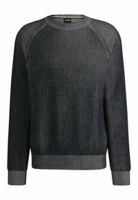 Dunkelblauer Pullover mit silbernen vertikalen Streifen, gerippter Textur, Rundhalsausschnitt und kontrastierenden, gerippten Bündchen und Saum.
