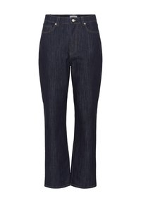 Dark blue denim jeans with a straight-leg design, five pockets, and gold stitching details. Button and zipper closure at the front.