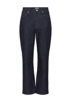 Dark blue denim jeans with a straight-leg design, five pockets, and gold stitching details. Button and zipper closure at the front.
