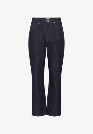 Dark blue denim jeans with a straight-leg design, five pockets, and gold stitching details. Button and zipper closure at the front.