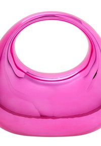 Glinsende pink vase med en rund form, der har en bred åbning og en glat overflade, som reflekterer lyset med en livlig glans.