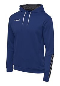 Blauwe capuchon sweatshirt van textuurstof, met een zwarte mesh voering, witte trekkoorden en chevronpatronen in zwart en wit op de mouwen.