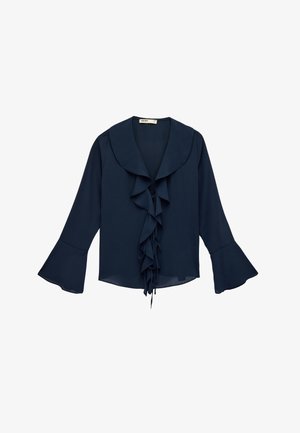 Mørkeblå langærmet bluse med bred flæsekant, faldende flæser foran og udvidede klokkeærmer.