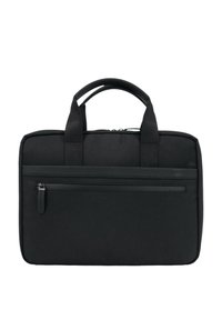 Schwarze Laptop-Tasche mit doppelten Griffen, glatter Stoffstruktur, vorderer Reißverschlusstasche und rechteckiger Form. Minimalistisches Design ohne sichtbare Beschläge.