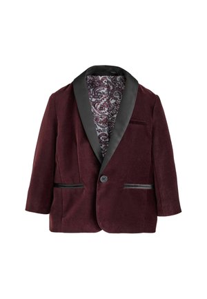Burgundy velvet blazer with black satin shawl collar, single button, two front pockets, and patterned paisley lining.