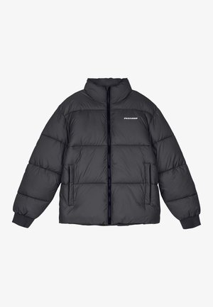 Puffer jacket in dark gray, featuring a high collar, front zipper, and elastic cuffs. Distinct horizontal quilting with a logo on the chest.