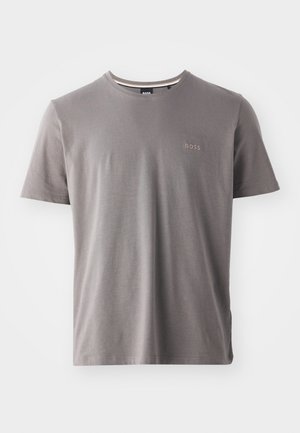 Grey short-sleeve T-shirt made of soft cotton. Features a round neckline and subtle "BOSS" logo in matching color on the chest.