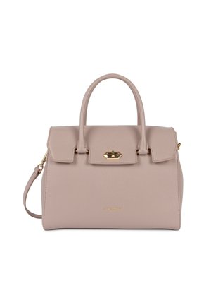Sac à main en cuir taupe avec une forme structurée, deux poignées supérieures, une bandoulière amovible et des finitions en métal doré. Fermeture magnétique à l'avant.