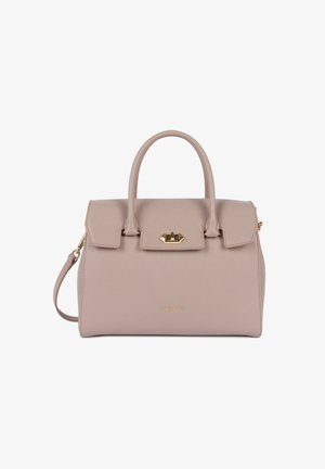 Sac à main en cuir taupe avec une forme structurée, deux poignées supérieures, une bandoulière amovible et des finitions en métal doré. Fermeture magnétique à l'avant.