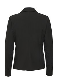 Veste noire avec un col structuré, manches longues et silhouette ajustée. Texture lisse avec une seule couture au dos et aucun élément métallique visible.