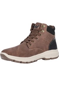 Braune Knöchelstiefel aus strukturiertem Leder mit einer cremefarbenen Sohle. Zu den Merkmalen gehören Metallösen, robuste Schnürsenkel und ein schwarzer Absatzakzent.