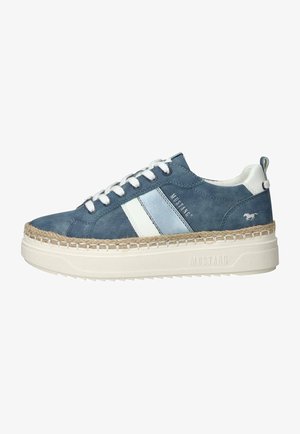 Blue suede sneaker with white laces, white and light blue side stripes, braided jute trim, and thick white sole branded "Mustang."