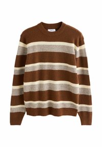 Pulover cu dungi maro, fabricat dintr-un material tricotat moale. Prezintă dungi alternative de gri deschis și crem. Culoare clasică la gât și tiv cu nervuri.