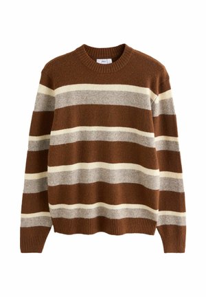 Braun gestreifter Pullover aus weichem Strickmaterial. Mit abwechselnden hellgrauen und cremefarbenen Streifen. Klassischer Rundhalsausschnitt und gerippter Saum.