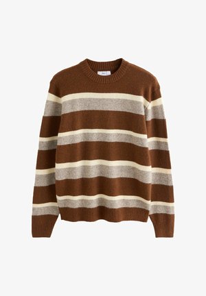 Brązowy sweter w paski wykonany z miękkiego dzianinowego materiału. Posiada naprzemienne jasnoszare i kremowe paski. Klasyczny okrągły dekolt oraz ściągacz na dole.
