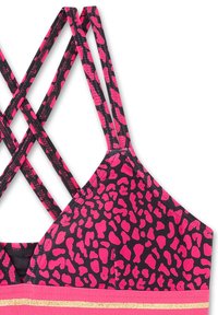 Schwarzer und rosa Leopardenmuster-BH mit überkreuzten Trägern und einem einfarbigen rosa Band mit goldenen Akzenten am unteren Rand. Flexibles Material.