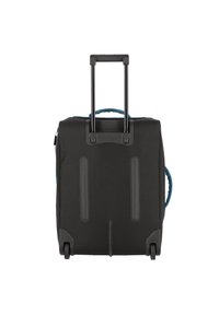 Schwarzer Koffer mit Rädern, ausziehbarem Griff, verstärktem Boden und blauen Akzenten. Glatte Textur und strapazierfähiger Stoff für das Reisen.