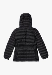 Black puffer jacket with a hood, featuring quilted design, elastic cuffs, and gathered sides for a fitted look. Smooth texture and lightweight material.