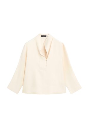 Waniliowa, lekka bluzka z kołnierzykiem, półzamkiem i rękawami do łokcia. Gładka tkanina o subtelnej fakturze.