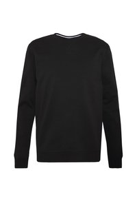 Sudadera negra de cuello redondo hecha de una mezcla de algodón, con mangas largas, puños acanalados y una textura suave. Sin patrones ni acentos.