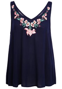 Navy sleeveless top with a deep V-neck, featuring colorful floral embroidery along the neckline. Casual and flowing design.