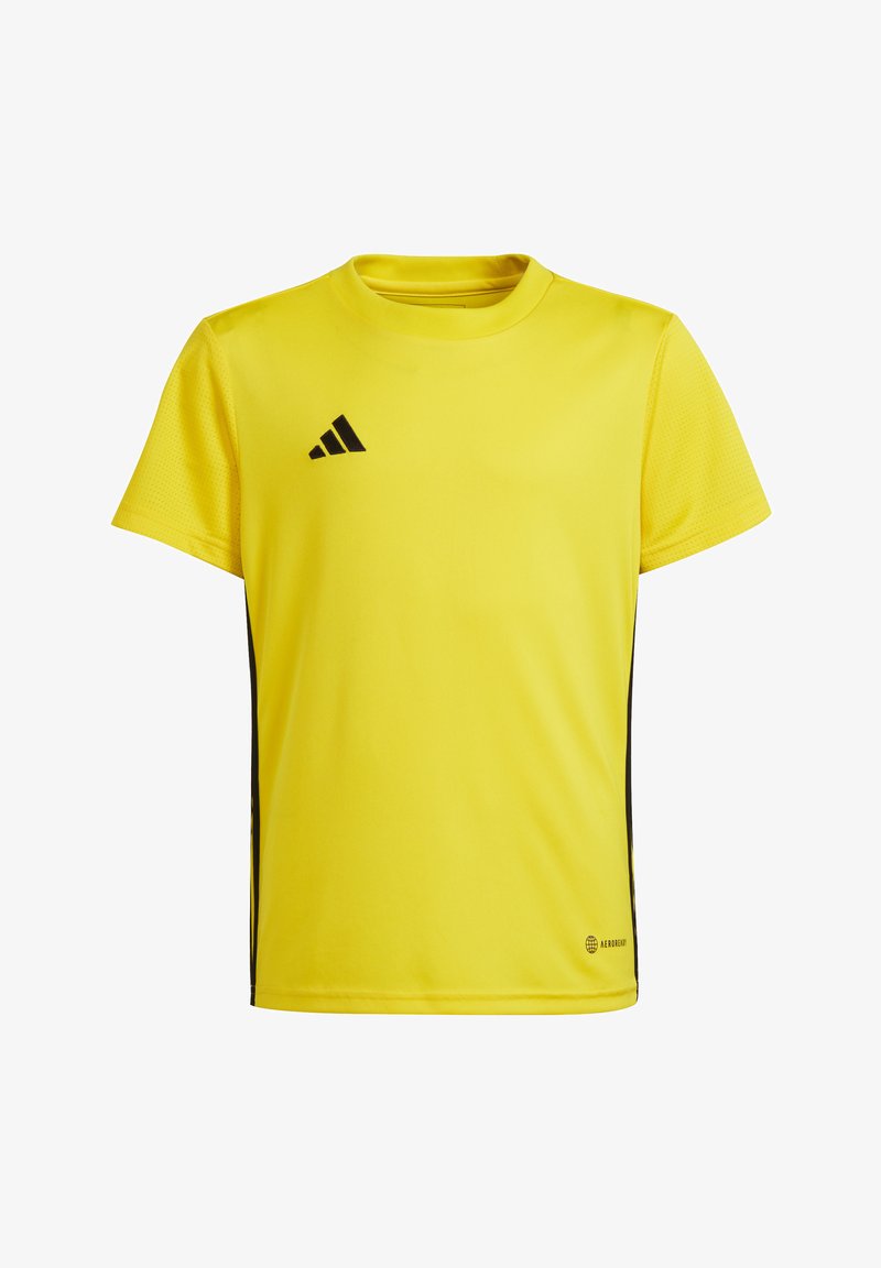 Yellow athletic jersey with short sleeves, made from breathable fabric. Features black accents and Adidas logo on the front left chest.
