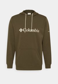 Olivgrön hoodie med dragsnöre, framficka och vit Columbia-logotyp. Mjuk tyg, ribbade muddar och nederkant. Standard passform.