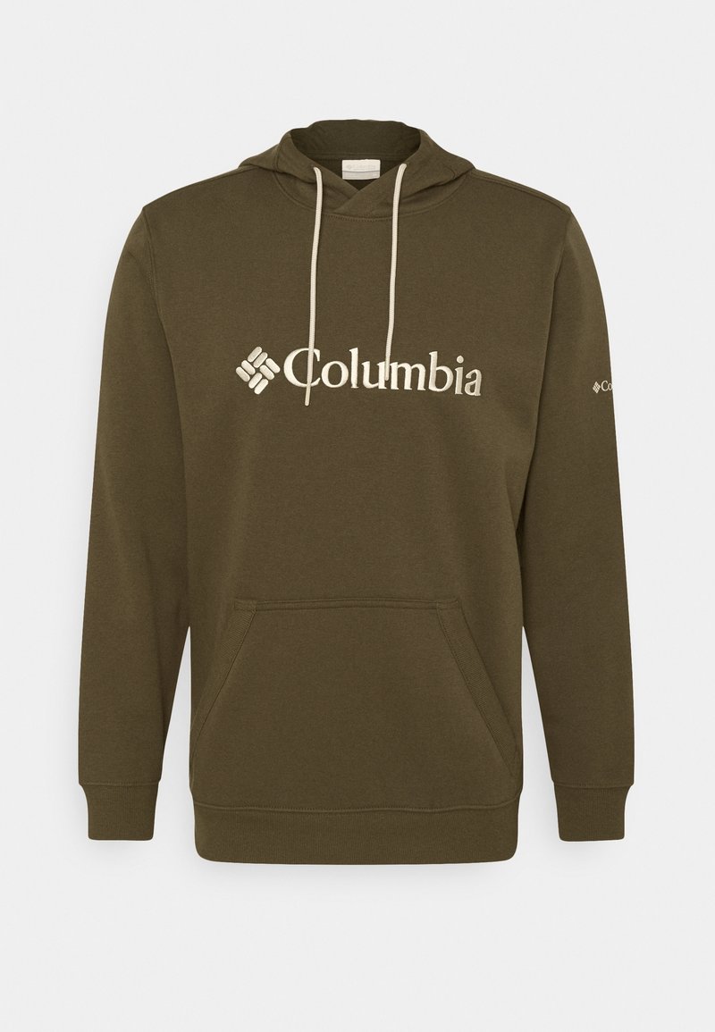 Olive green hoodie with drawstring, front pocket, and white Columbia logo. Soft fabric, ribbed cuffs, and hem. Standard fit design.