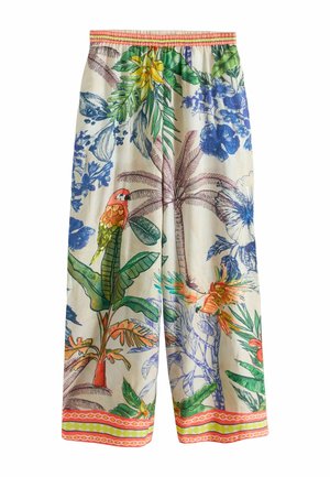 Platus kojų modelio kelnes su elastinga juosmens juosta, puoštos spalvingu tropinių papūgų, palmių, didelių gėlių ir žalios lapijos raštu.