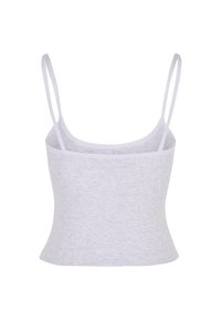 Gray ribbed tank top with thin straps and a fitted silhouette, featuring a smooth texture and a rounded neckline.