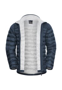 Marineblauer, gepolsterter Mantel mit weißem Innenfutter, versehen mit einem horizontalen Steppmuster, hohem Kragen und Reißverschluss.