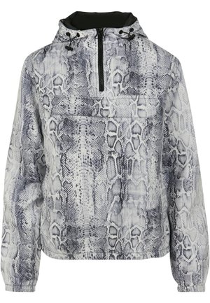 Veste à capuche avec demi-fermeture éclair et cordons réglables, avec un motif peau de serpent gris et blanc et des poignets élastiques.