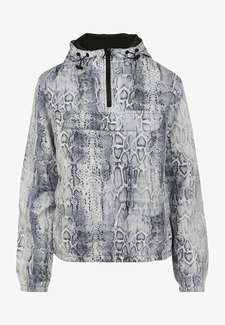 Veste à capuche avec demi-fermeture éclair et cordons réglables, avec un motif peau de serpent gris et blanc et des poignets élastiques.