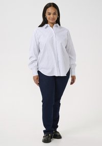 Camisa de cuadros en blanco y azul claro, con mangas largas y un corte relajado, combinada con jeans de mezclilla oscura y zapatos negros.