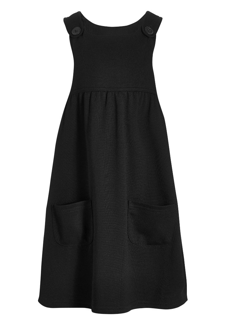 Robe noire avec col rond, deux poches devant et accents de boutons sur les bretelles. Texture lisse, silhouette en A.