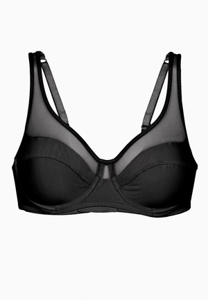 Reggiseno nero con coppa in tessuto liscio, pannelli laterali in mesh trasparente, spalline regolabili e ricami decorativi discreti al centro.