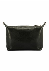 Czarna skórzana saszetka o teksturowej powierzchni i zaokrąglonym kształcie. Posiada zamek błyskawiczny oraz mały pasek z boku.