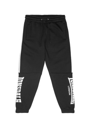 Black jogger pants with elastic waistband and cuffs, side pockets, white side stripes, and white "Lonsdale London" text on legs.