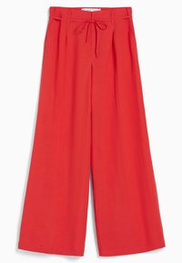 Rote weit geschnittene Hosen aus leichtem Stoff, mit einem Taillenbund mit Bindebändern und seitlichen Taschen für zusätzliche Funktionalität.