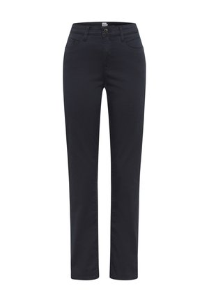 Black trousers made of cotton blend, featuring a straight leg design, front pockets, and a zip fly with a button closure.