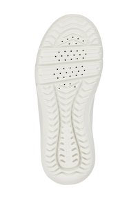 Schuhsohle aus weißem Gummi mit strukturiertem Profil. Verfügt über runde Belüftungslöcher entlang der Zwischensohle für Atmungsaktivität.