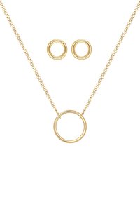 Goldfarbene Schmuckset bestehend aus einer runden Anhängerhalskette mit Kette und passenden runden Ohrsteckern. Glatte Oberfläche, minimalistisches Design.